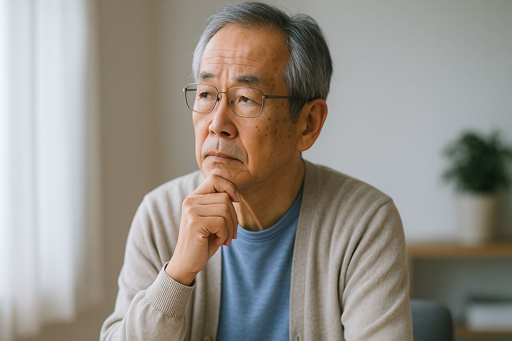 高齢男性が考え事をしている様子